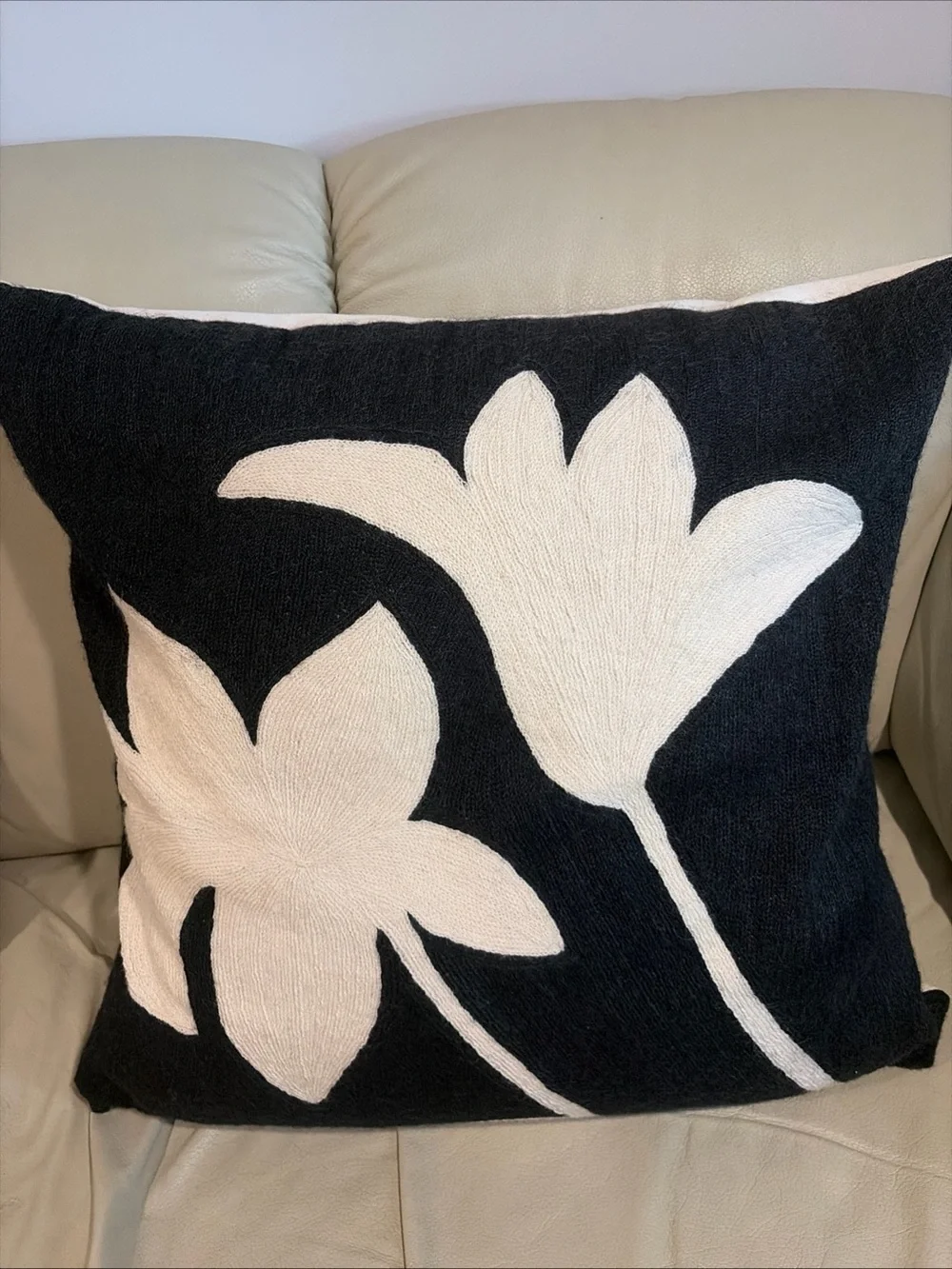 hand embroidered pillow Art Judy Ross Throw Floral Luxury Neutral Wool